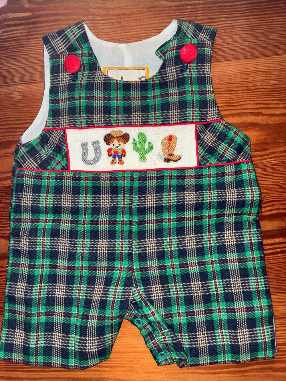 Toddler Plaid Cowboy Romper with Red Buttons smock